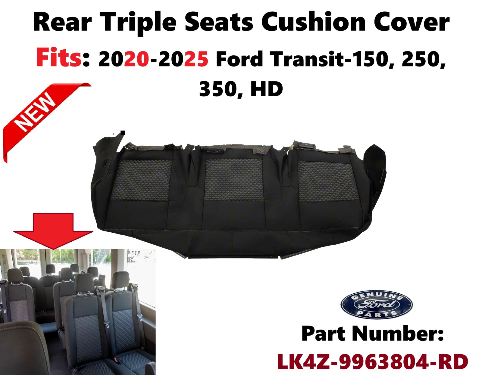 Rear Triple Seats Cushion Back Cover for Ford Transit (2020–2026) LK4Z9963804RD
