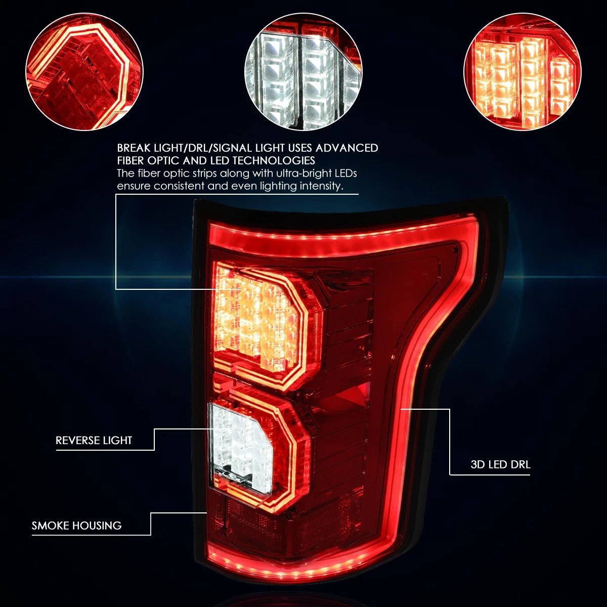 Tron Style 3D LED Tail Light Brake Lamp for Ford F-150 (2015–2017) Smoked/Red