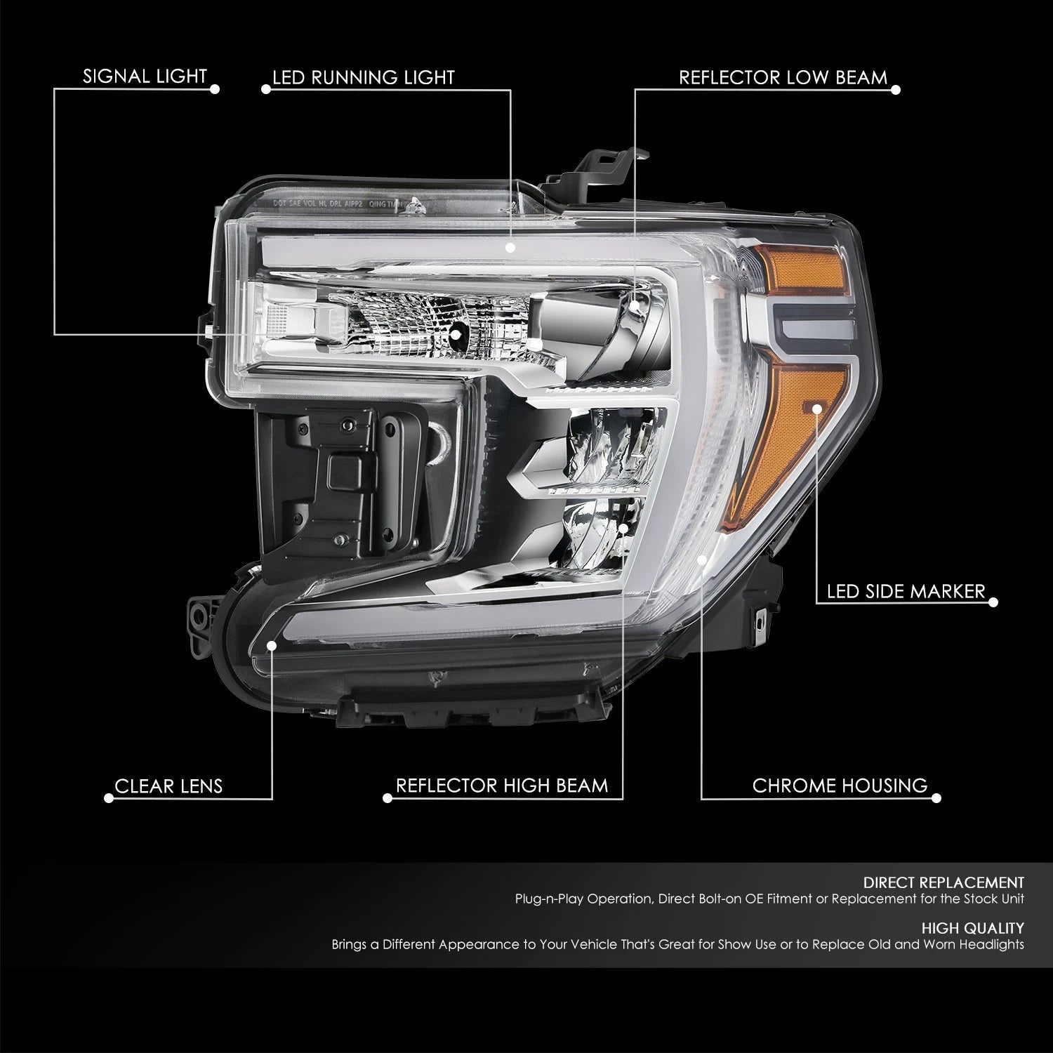 Chrome Amber LED Driver Headlight Assembly for GMC Sierra 1500 Limited (2019–2022)