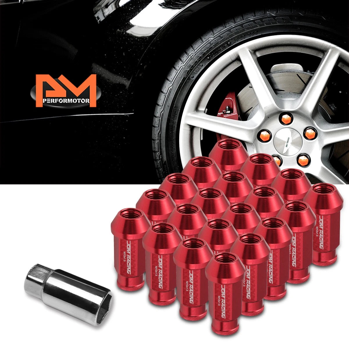 Set of 20 M12X1.5 Red JDM Open-End Acorn Hex Wheel Lug Nuts + 25mm Extension