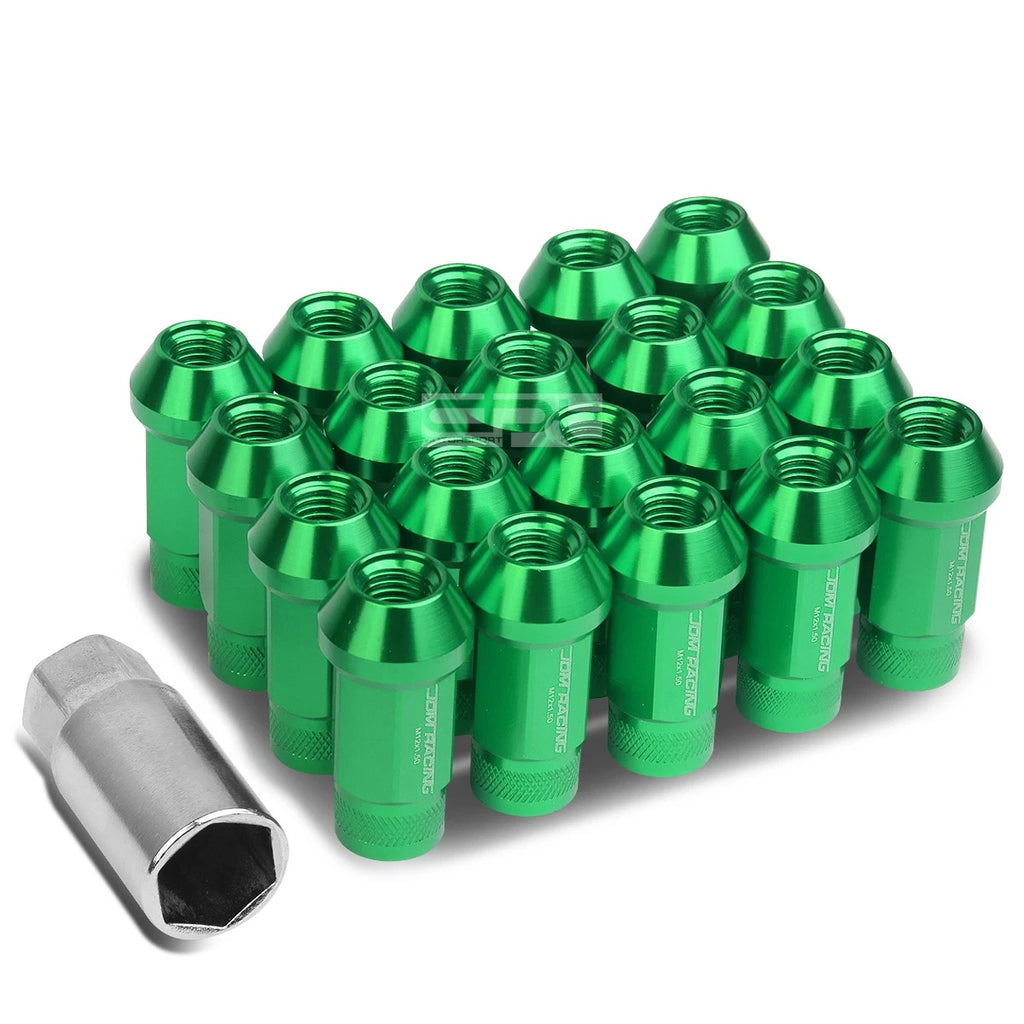 20x Open End M12x1.5 50mm Tall Green Aluminum Lug Nuts + Adapter