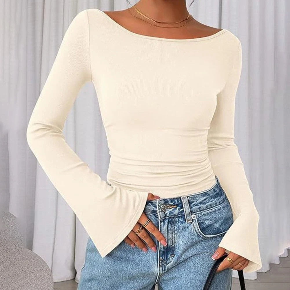 2X Women's Boat Neck Long Sleeve T-Shirt Casual Slim Fit Top