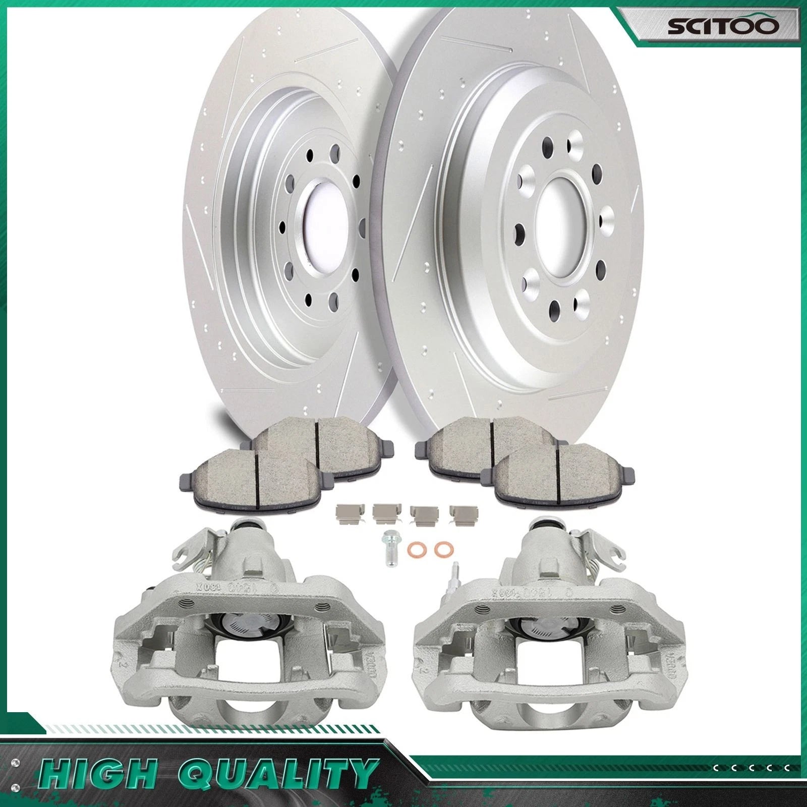 Set of 4 Rear Brake Calipers & Slotted Rotors with 4X Ceramic Pads for Ford Edge (2011–2014)