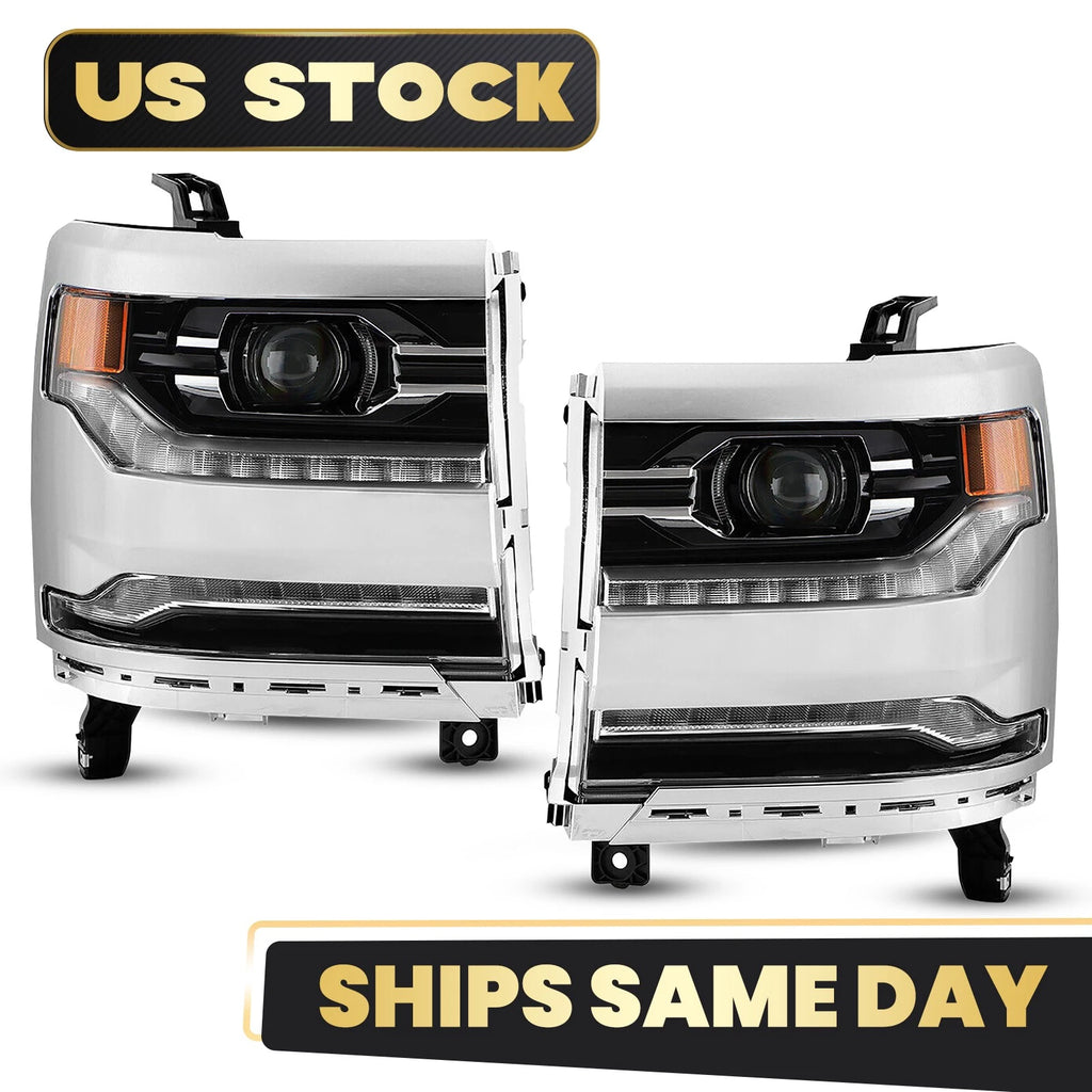 LED Headlight Set for Chevy Silverado 1500 (2016–2018) w/Module Chrome