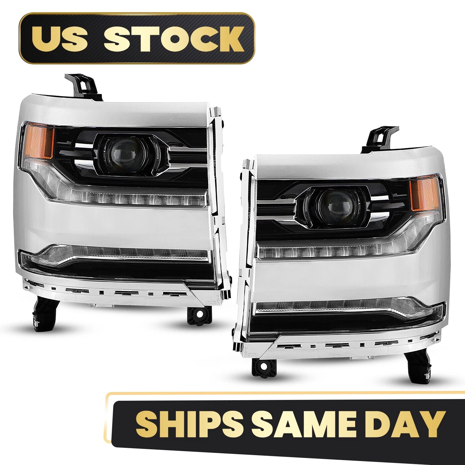 LED Headlight Set for Chevy Silverado 1500 (2016–2018) w/Module Chrome