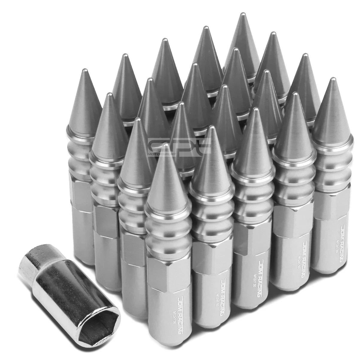 20X M12X1.5 107MM Tall 20MM OD Silver Aluminum Spike Cap Lug Nuts + Adapter