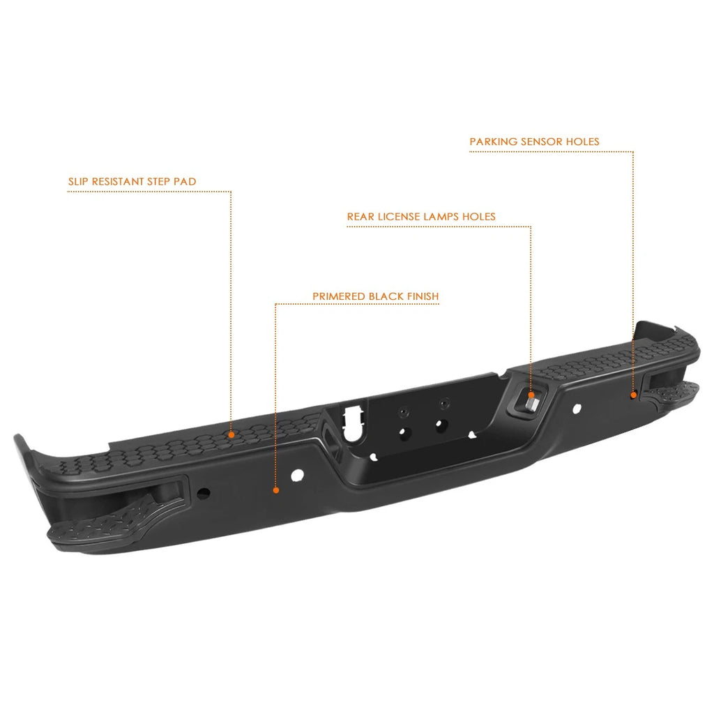 Rear Step Bumper for Dodge RAM 1500 (2009–2023) - Black, W Sensor Holes