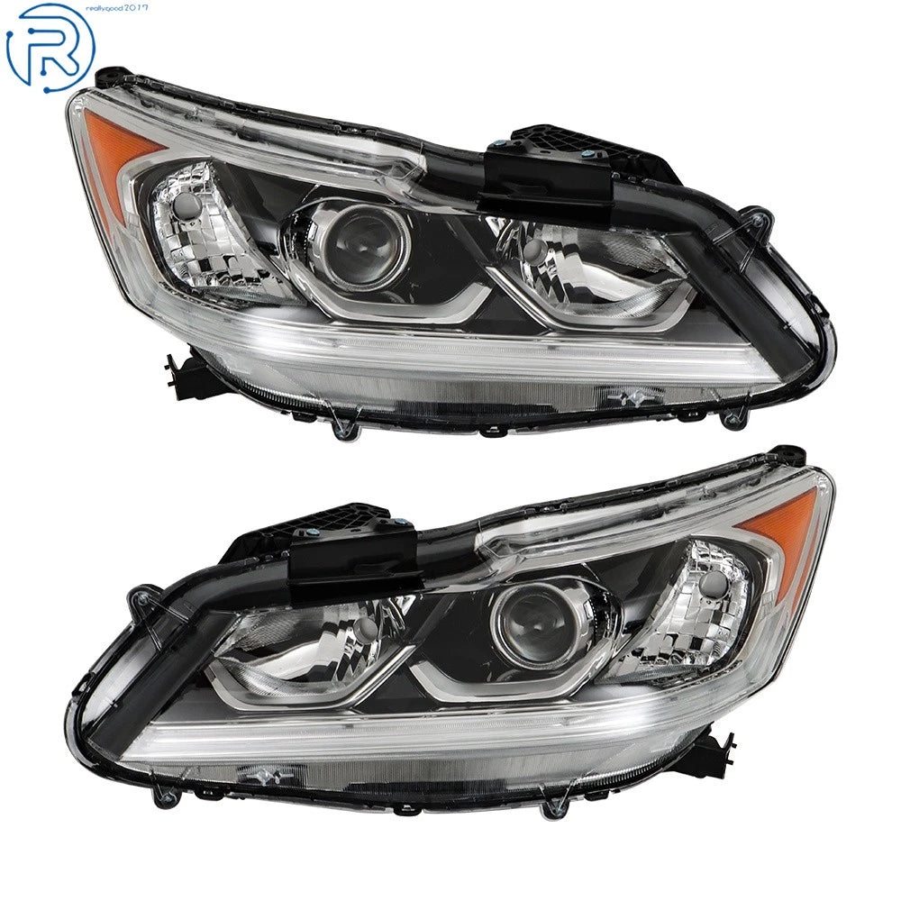 Set of 2 Headlights for Honda Accord (2016–2017) Black Halogen w/LED DRL