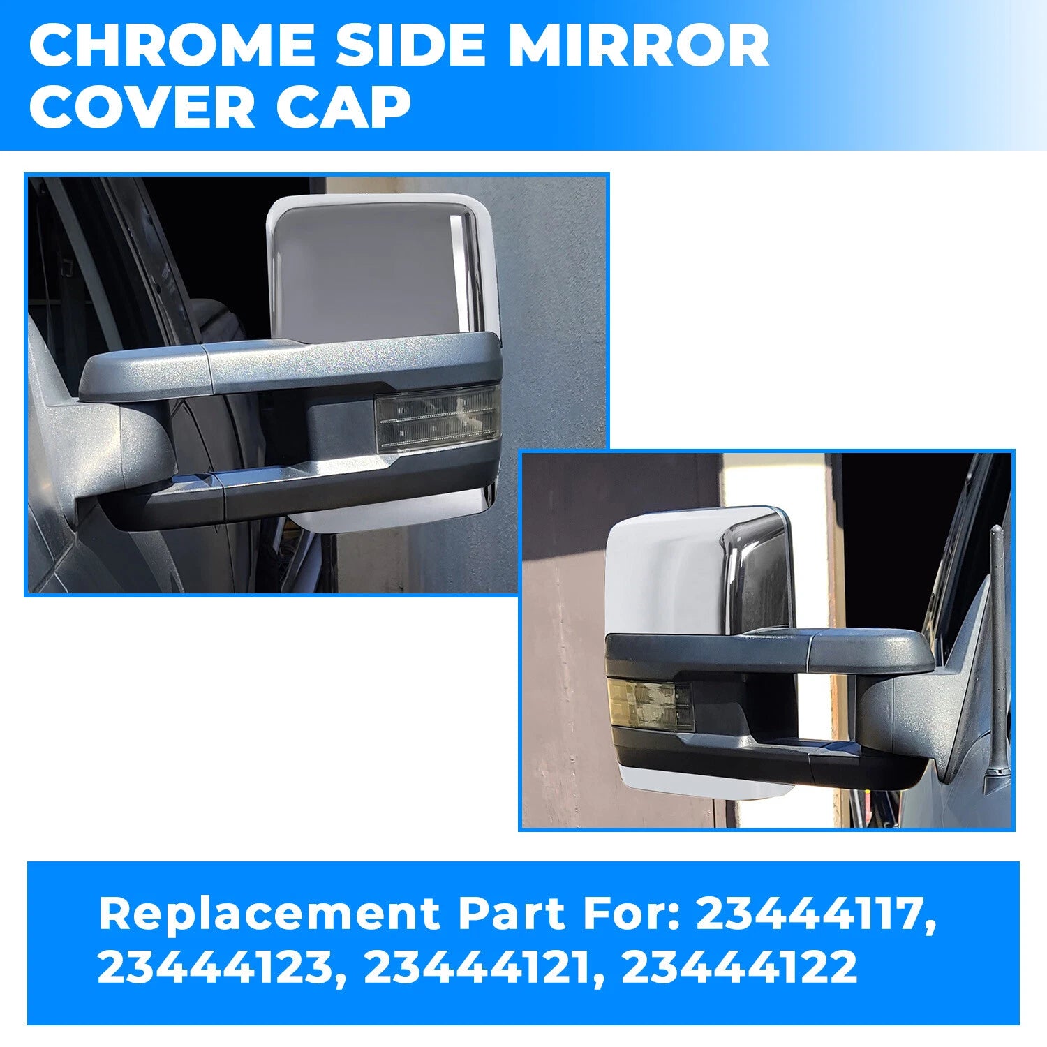 Pair Chrome Tow Mirror Cap Covers for Chevy Silverado GMC Sierra (2014–2019)