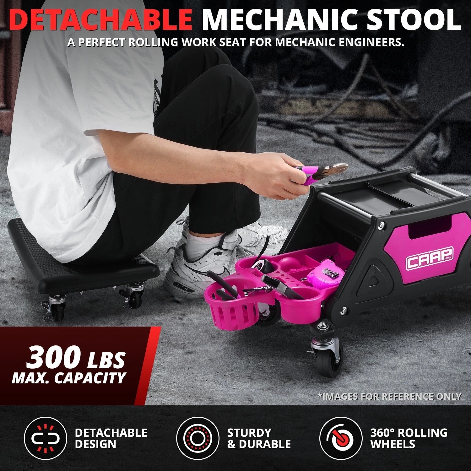 Lockable Rolling Stool for Garage (12" x 25-1/2", 300lbs Capacity)