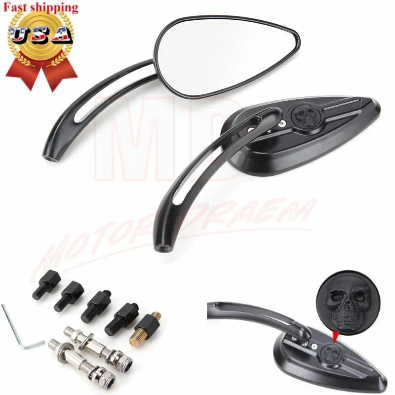 Black Skull Teardrop Rear View Mirrors for Harley Sportster Dyna Touring Softail (2004–2023)