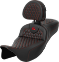 SADDLEMEN RoadSofa Seat for Motorcycle (with Backrest, Honeycomb, Red Stitch)