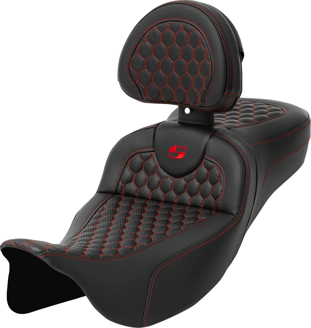 SADDLEMEN RoadSofa Seat for Motorcycle (with Backrest, Honeycomb, Red Stitch)