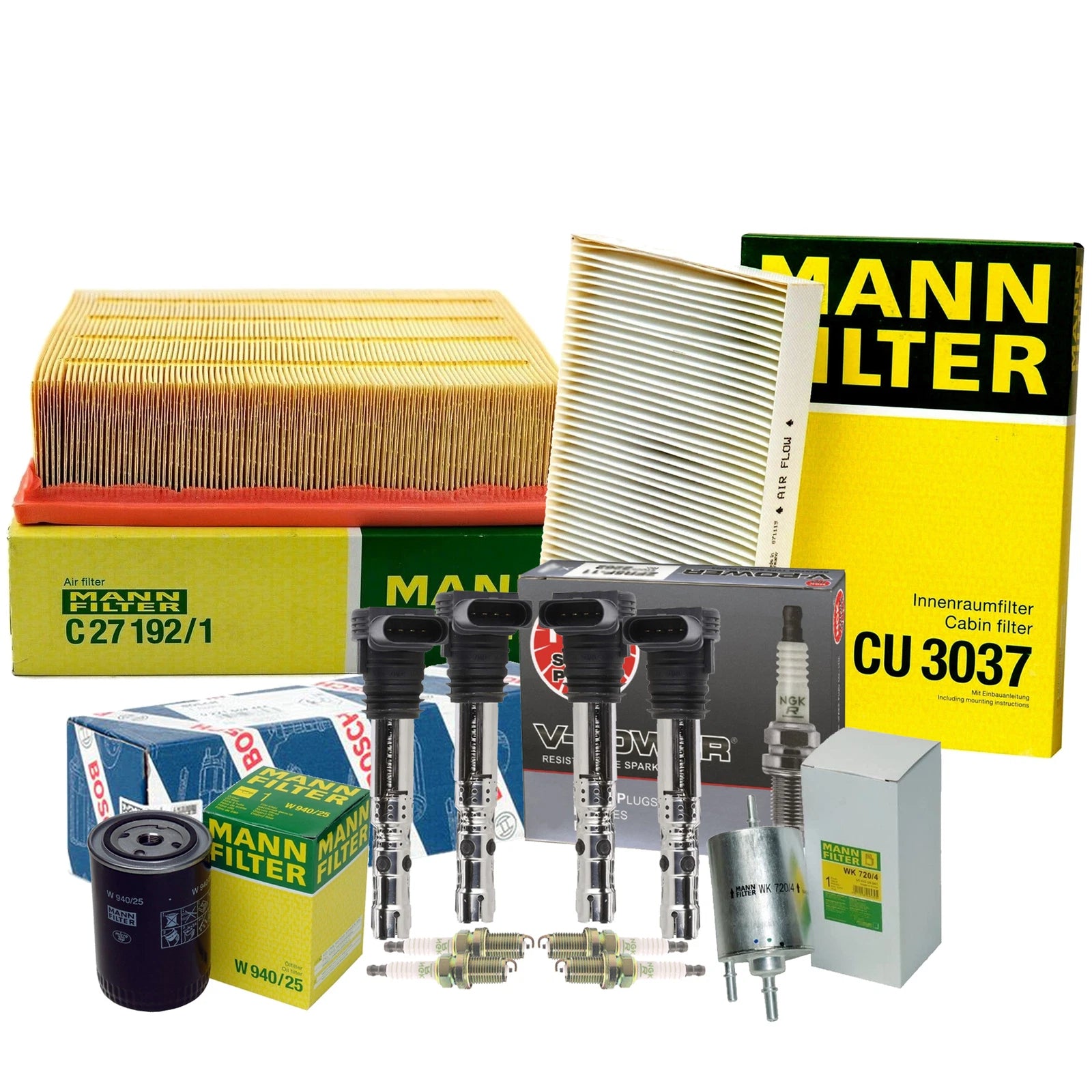Set of 4 Mann Filters & 4 NGK VPower Spark Plugs for Audi A4 Turbo (2001–2008)
