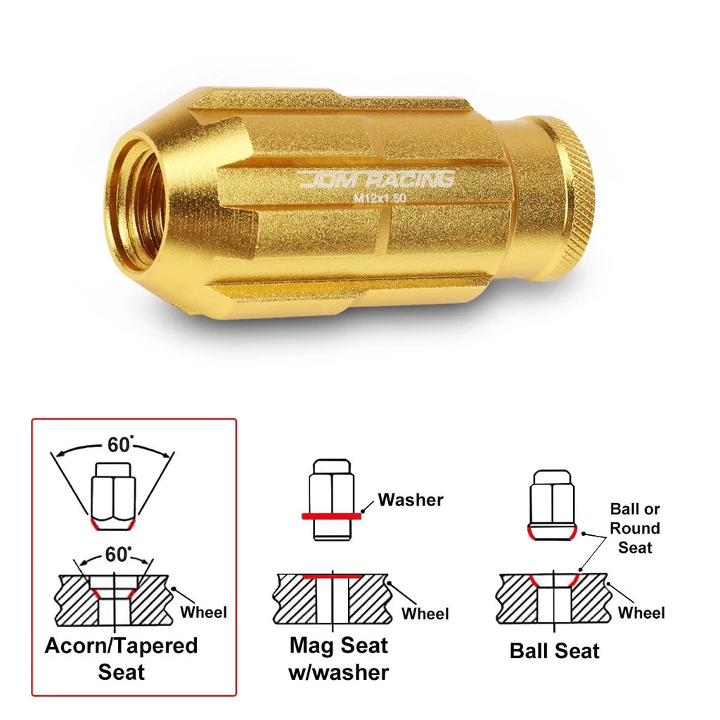 20Pc M12X1.5 Gold JDM Open End Bulge Spline Wheel Lug Nuts + Lock Key