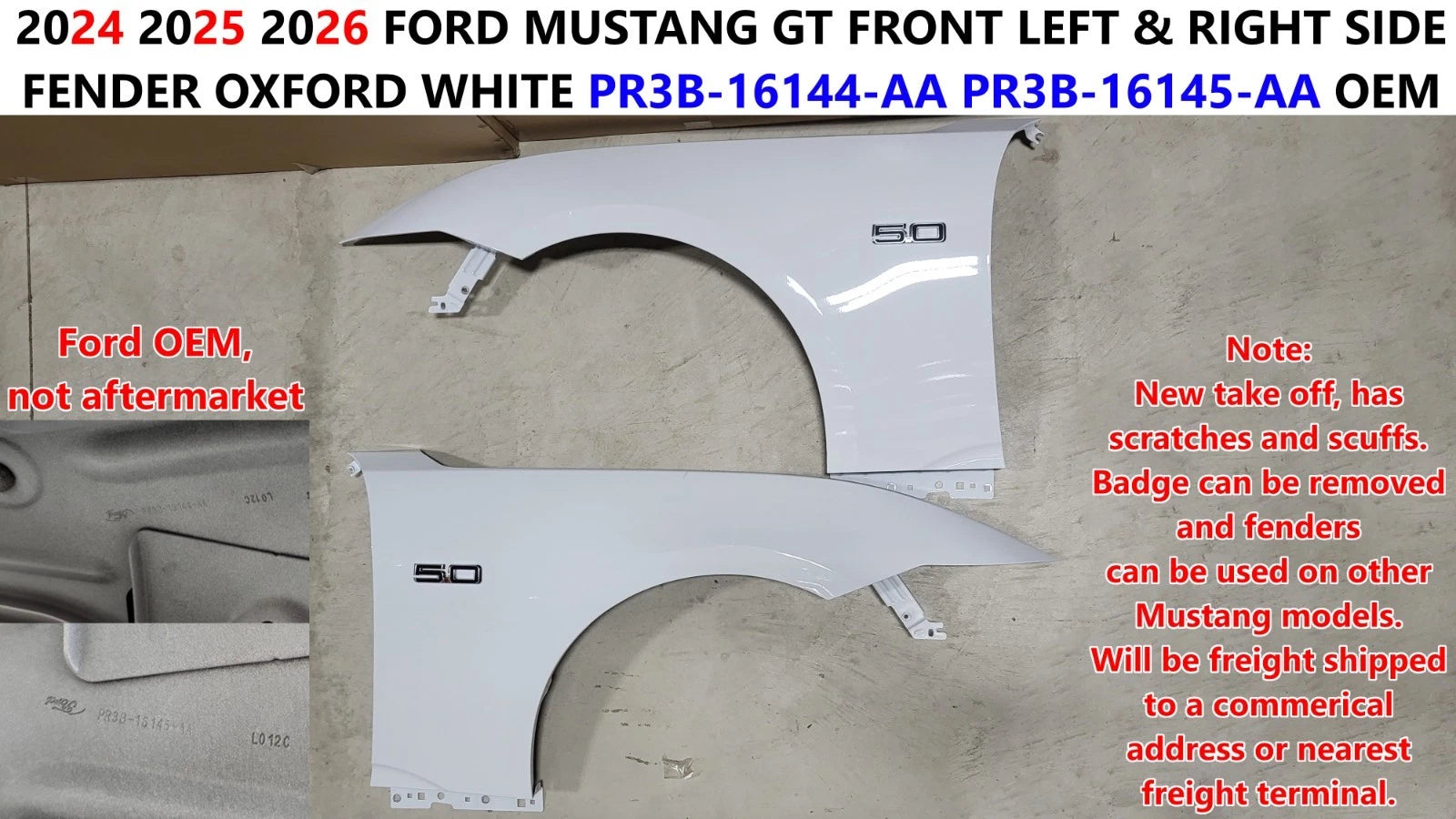 Set of 2 Front Left & Right Fender for Ford Mustang GT (2024–2026) Oxford White