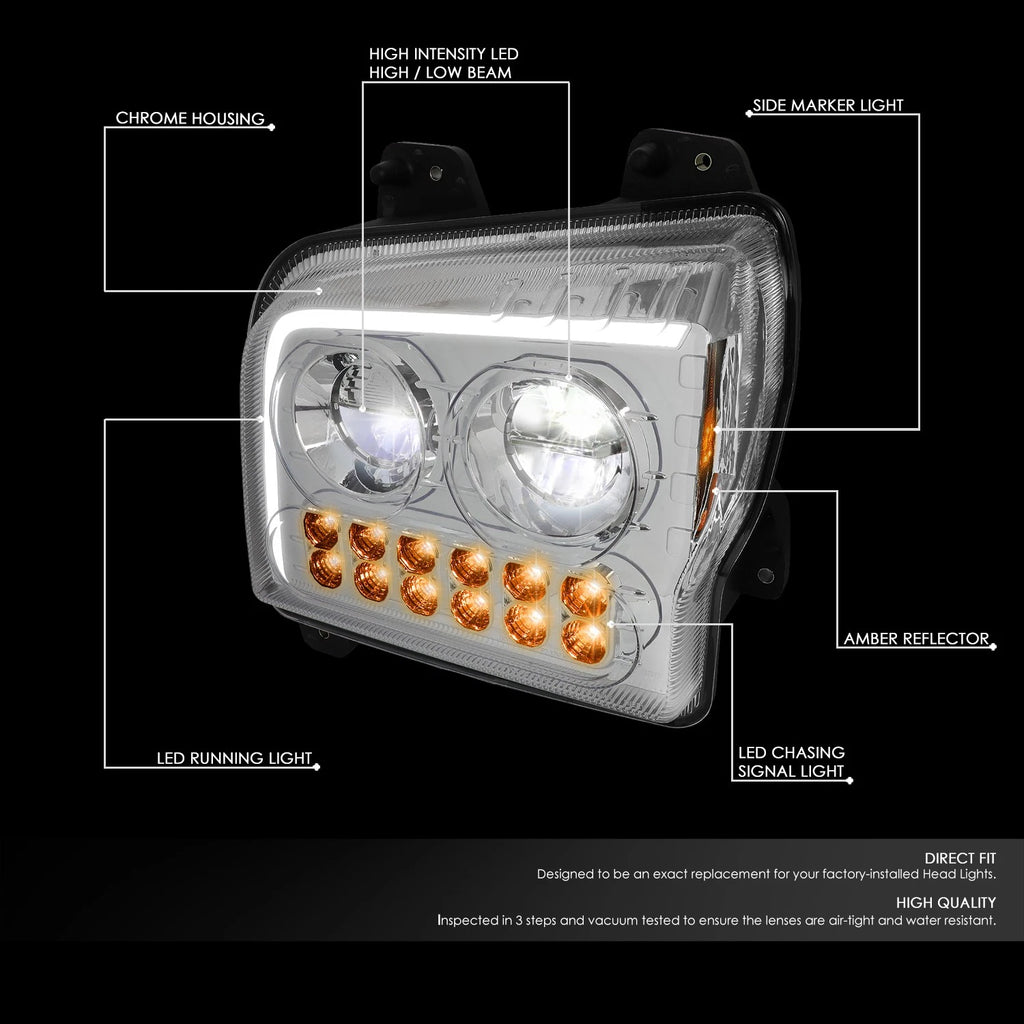Chrome Housing LED DRL Sequential Turn Signal Headlights for Kenworth W990 (2019–2022)