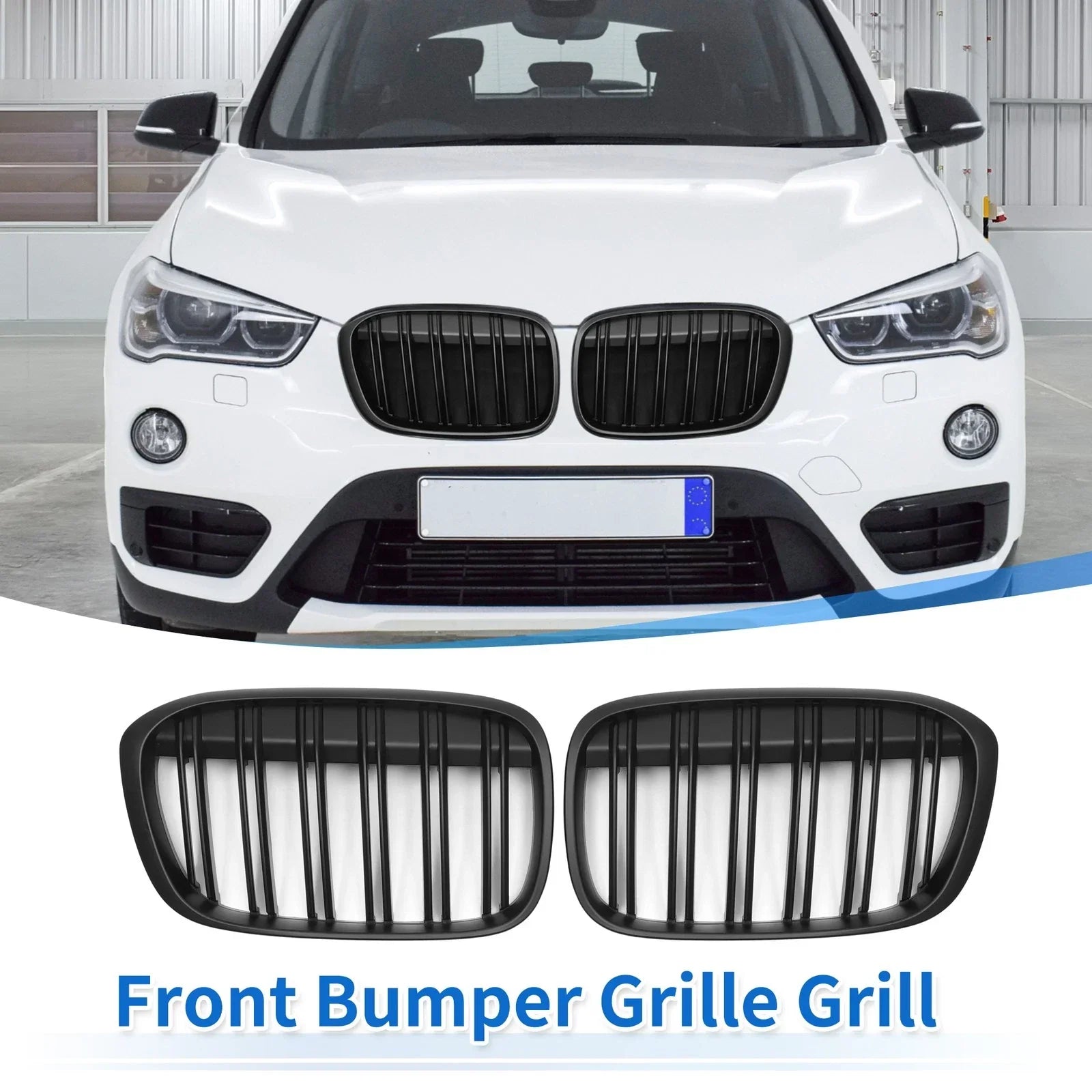 1 Pair Front Upper Bumper Grille for BMW X1 Matte Black (2016 - 2022)