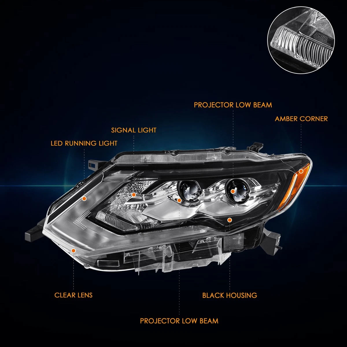 Left Side LED DRL Projector Headlight Lamp for Nissan Rogue (2017–2018)