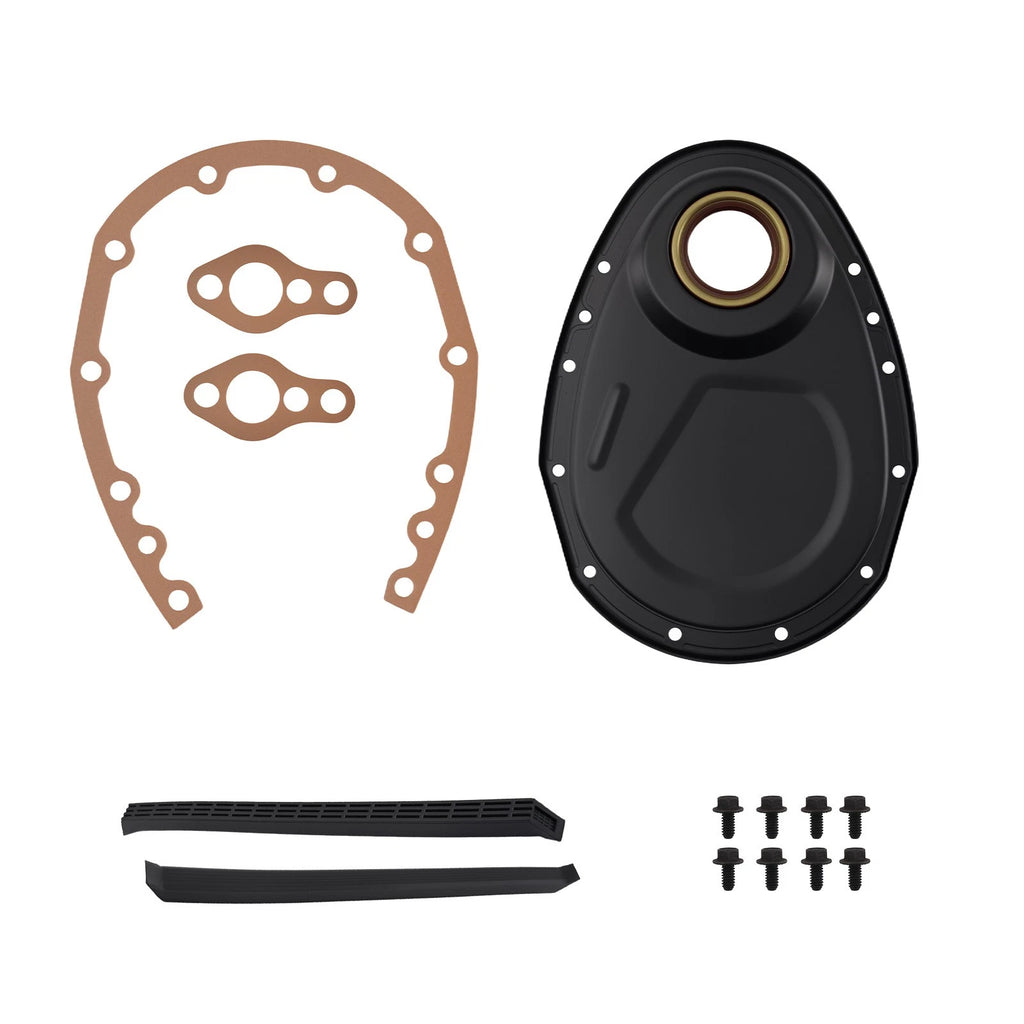 Black Steel Timing Chain Cover Set for Chevy Small Block (1958–1986)
