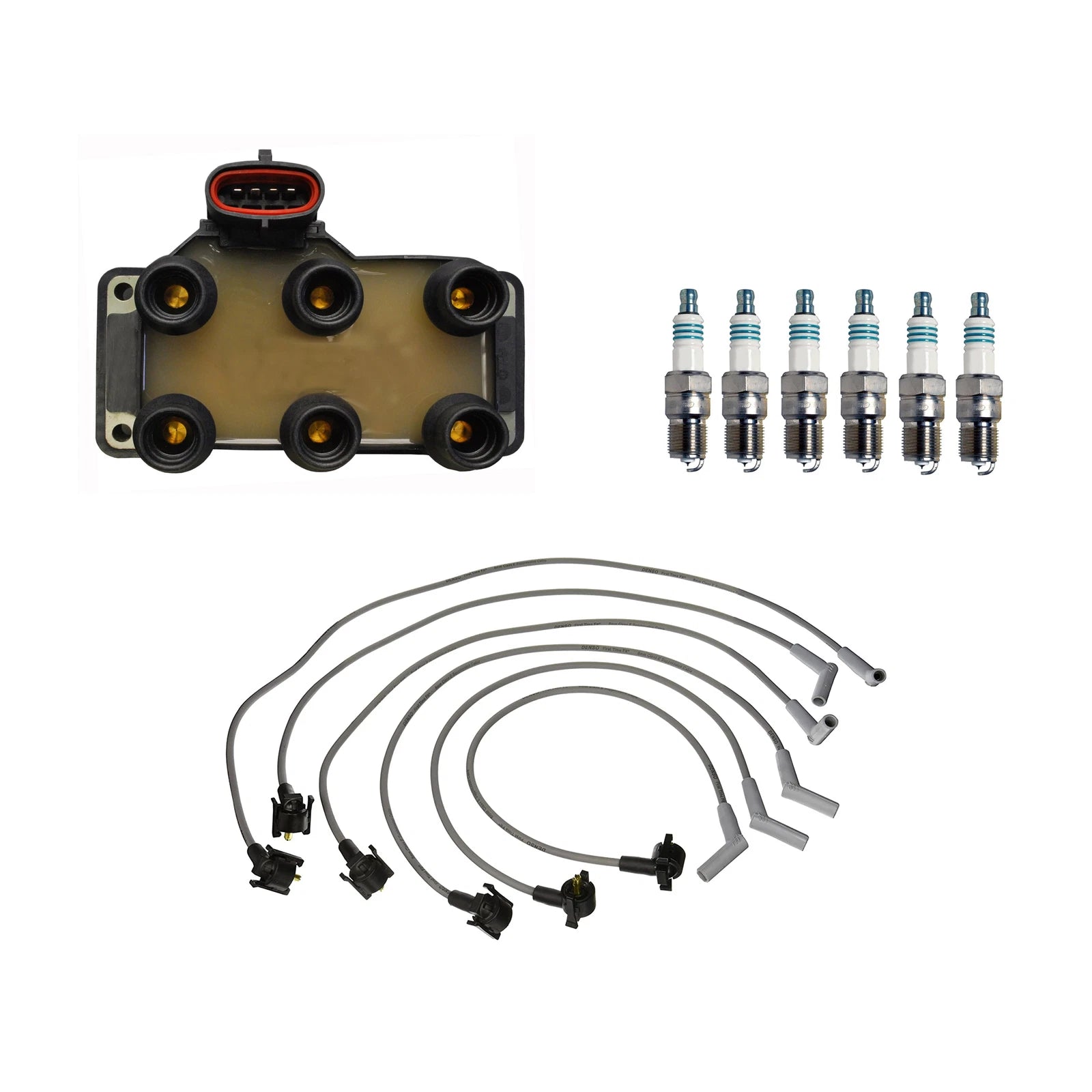 Set of 6 Denso Ignition Coil Wires & Iridium Spark Plugs for Ford 4.2L V6