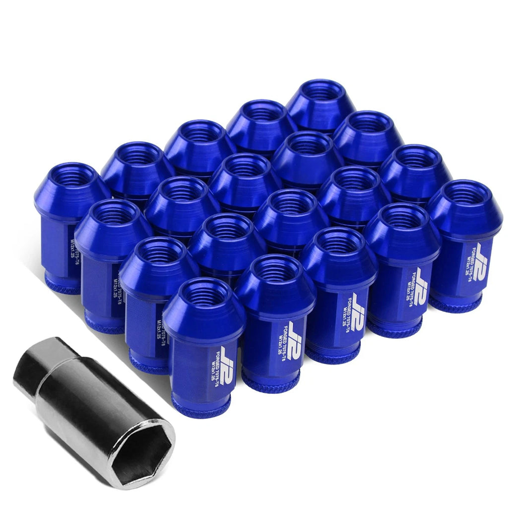 Set of 20 J2 7075 Forged Aluminum M12x1.25 Open-End Lug Nuts w/Adapter Blue