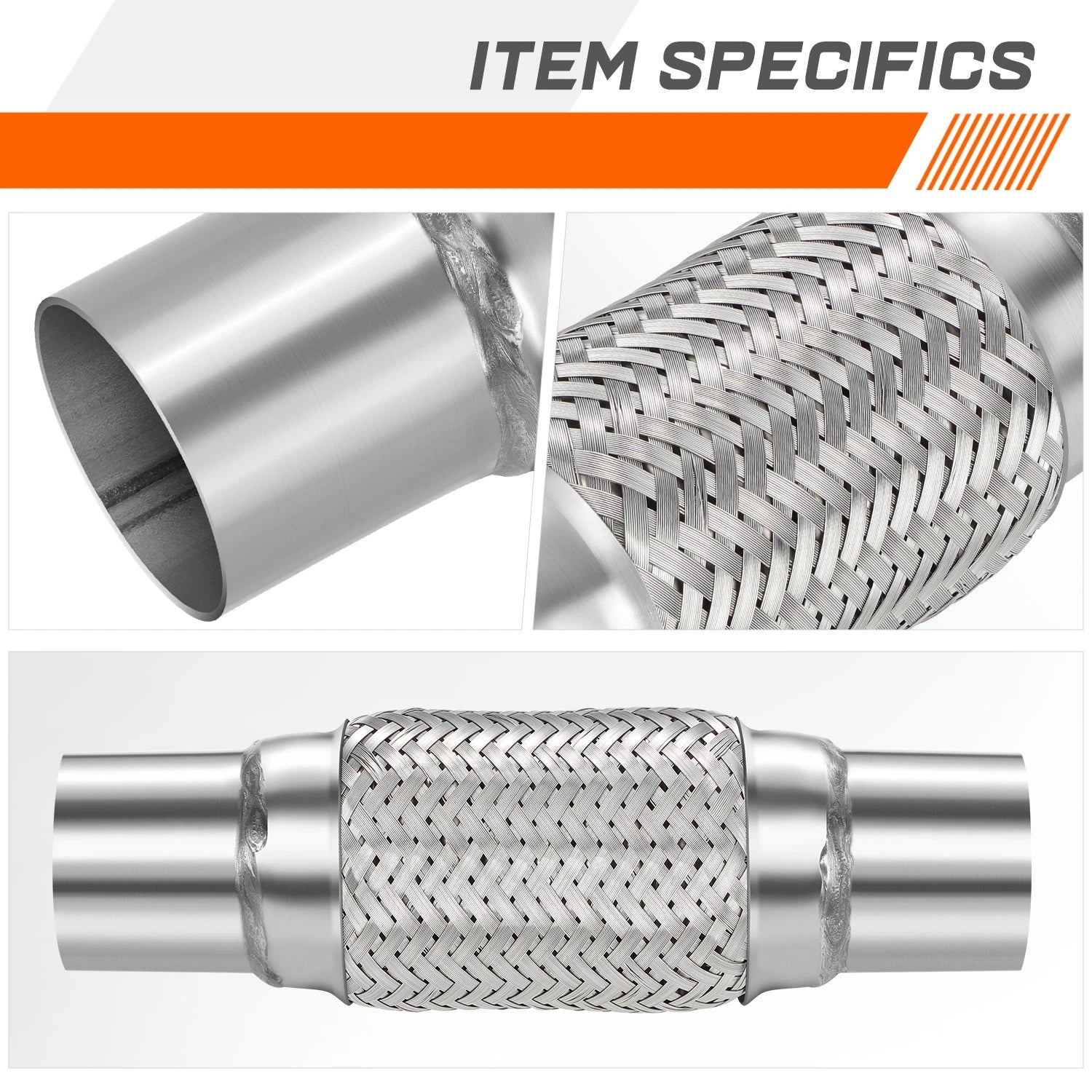 10" Length 2.25" OD Double Braid Stainless Steel Flex Tube Exhaust Pipe
