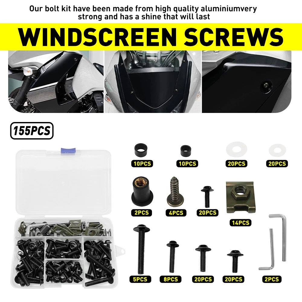 Set of 155 Black Aluminum Fairing Bolts Kit M5 M6 for Yamaha YZF R1 R6 (1998–2021)