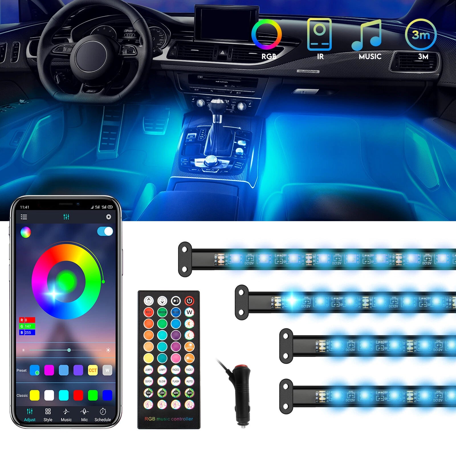 RGB LED Strip Lights for Car Interior Floor Decor (Universal)