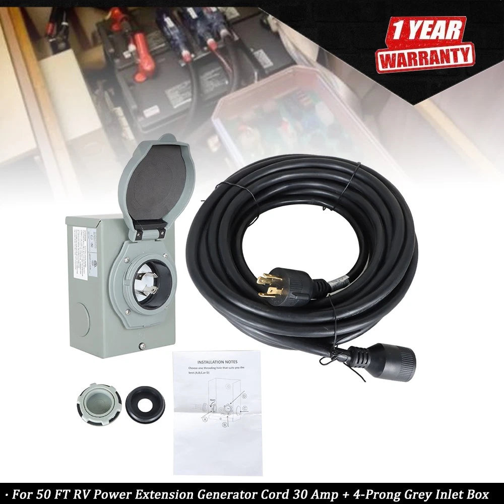 30 Amp RV Power Extension Cord with 4-Prong Inlet Box (50 FT)