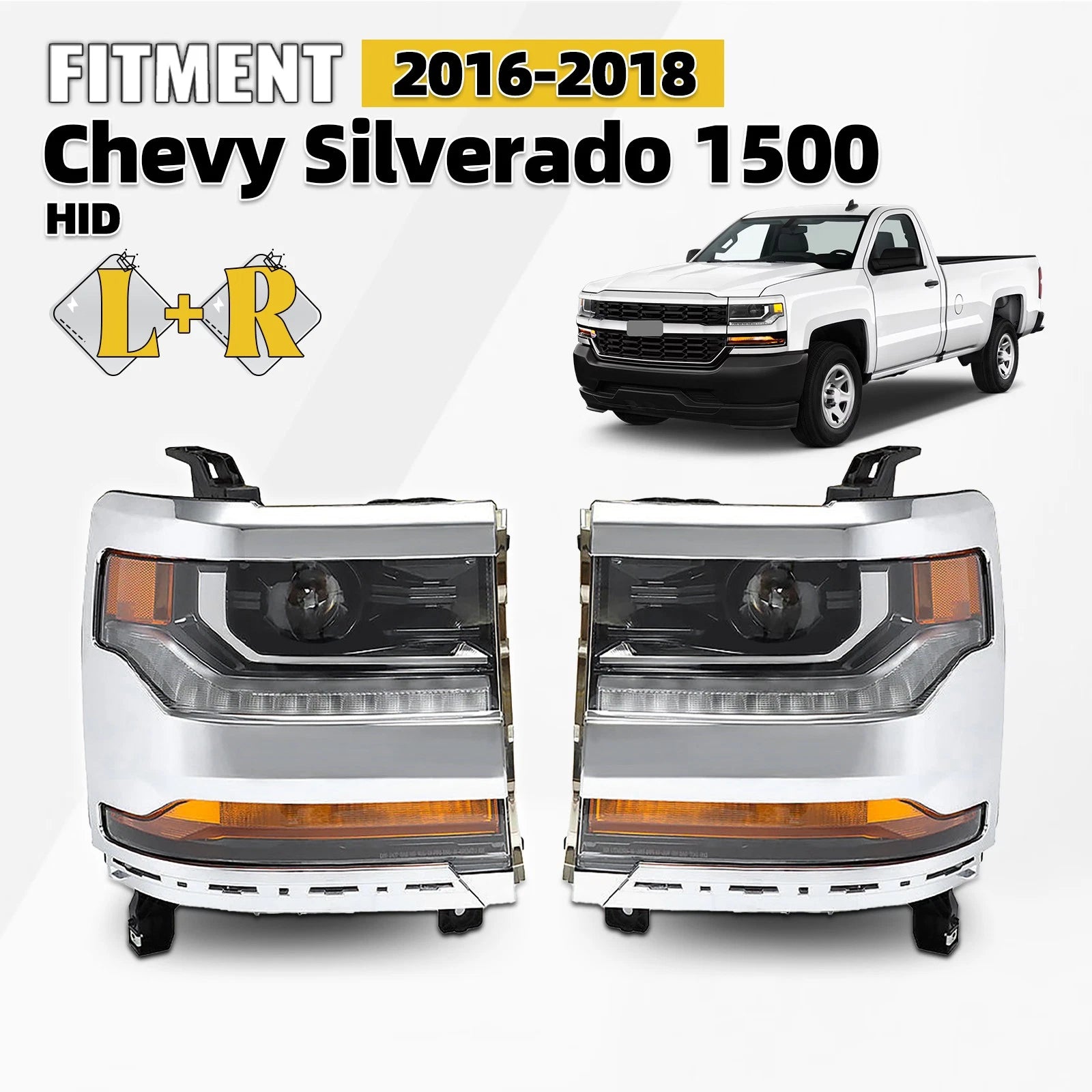 HID Headlight Set for Chevy Silverado 1500 (2016–2018) w/DRL Chrome Bezel