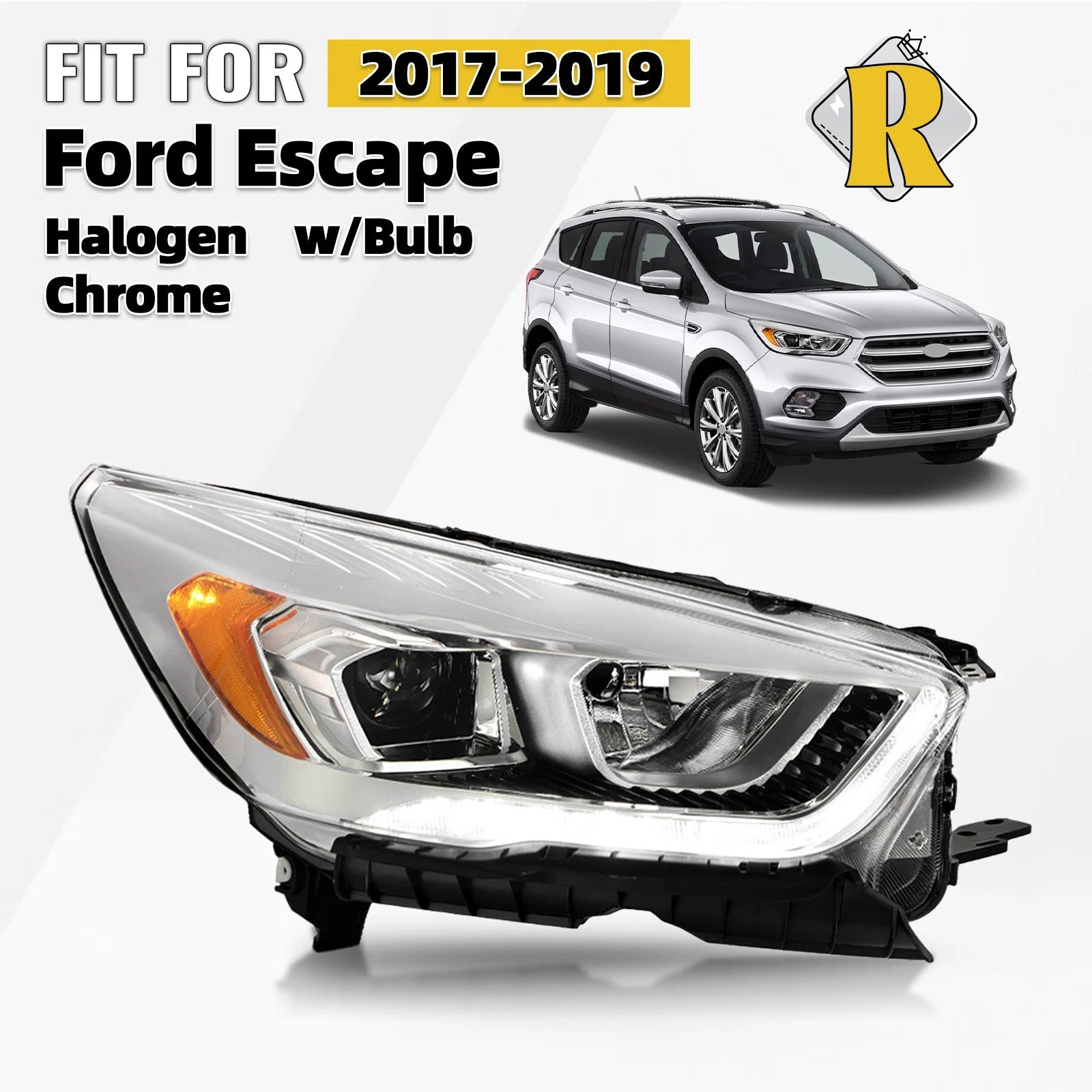 Halogen Headlight for Ford Escape (2017–2019) w/LED DRL Chrome Right Side