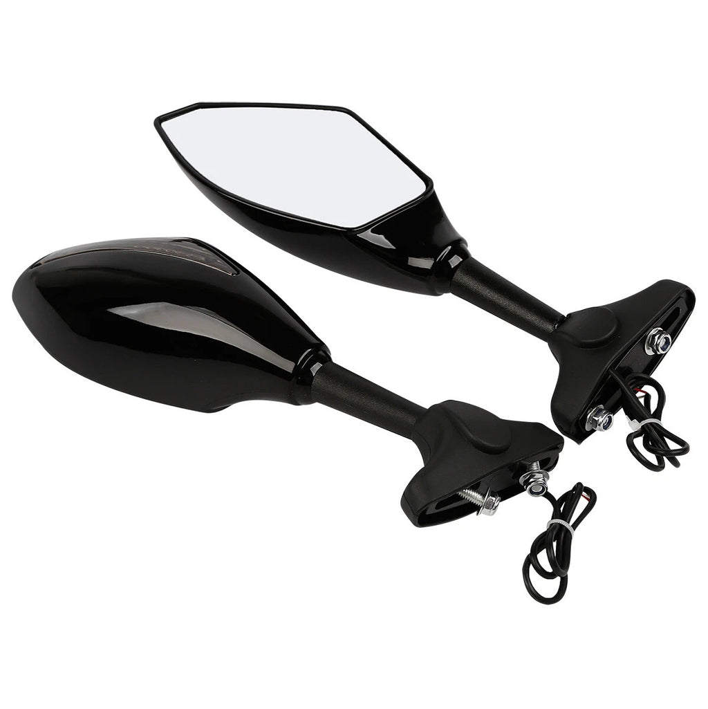 Black Rearview Side Mirrors with Blue LED Turn Signal for Honda Kawasaki Yamaha