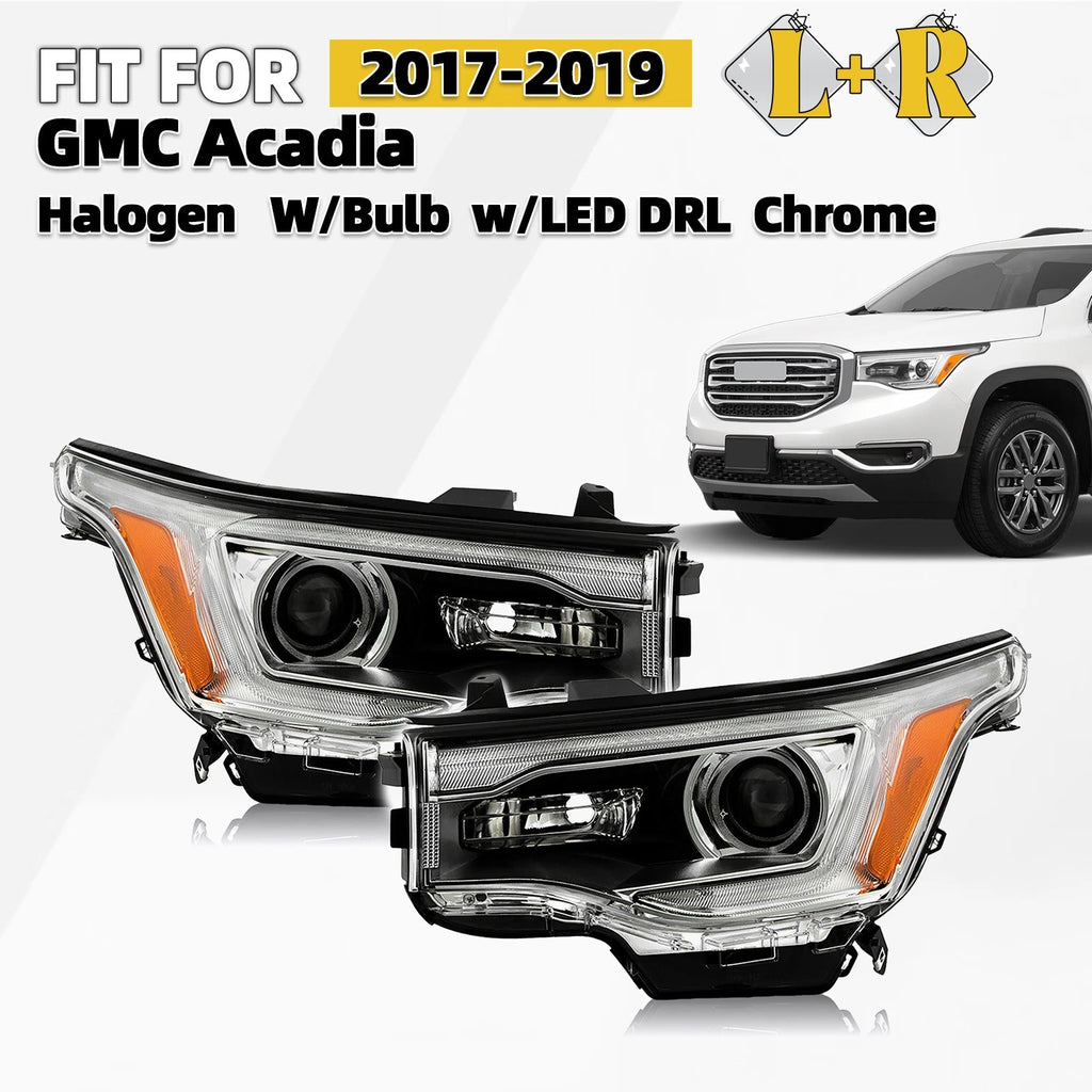 Set of 2 LED DRL Chrome Halogen Headlights for GMC Acadia (2017–2019)