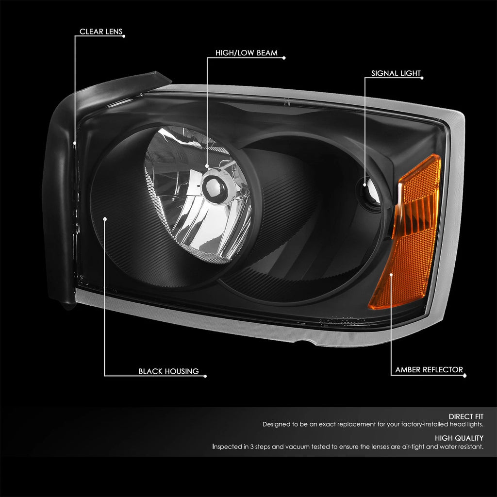 Factory Style Black Housing Amber Corner Headlights for Dodge Dakota (2005–2007)