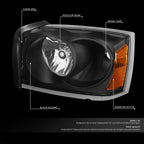 Factory Style Black Housing Amber Corner Headlights for Dodge Dakota (2005–2007)