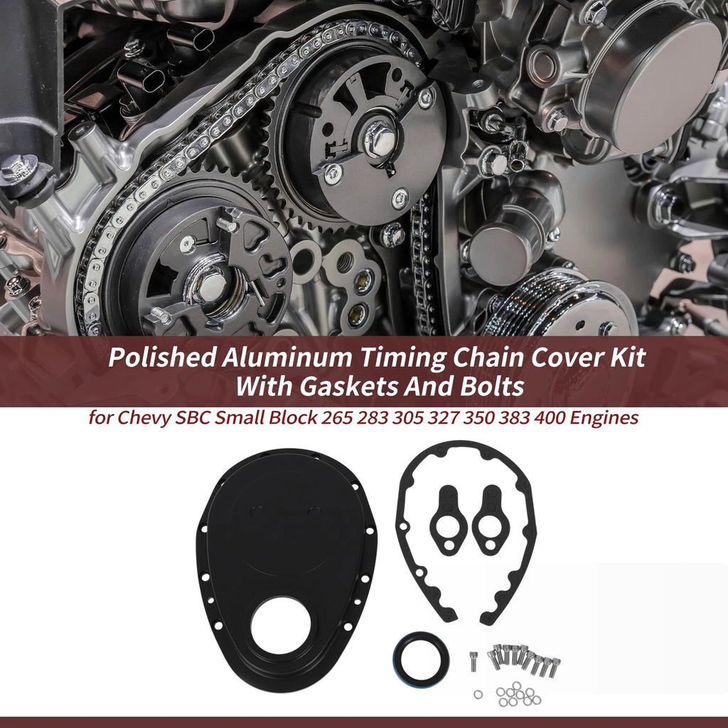 Polished Aluminum Timing Chain Cover Kit with Gaskets & Bolts for Chevy SBC (1960–2000)