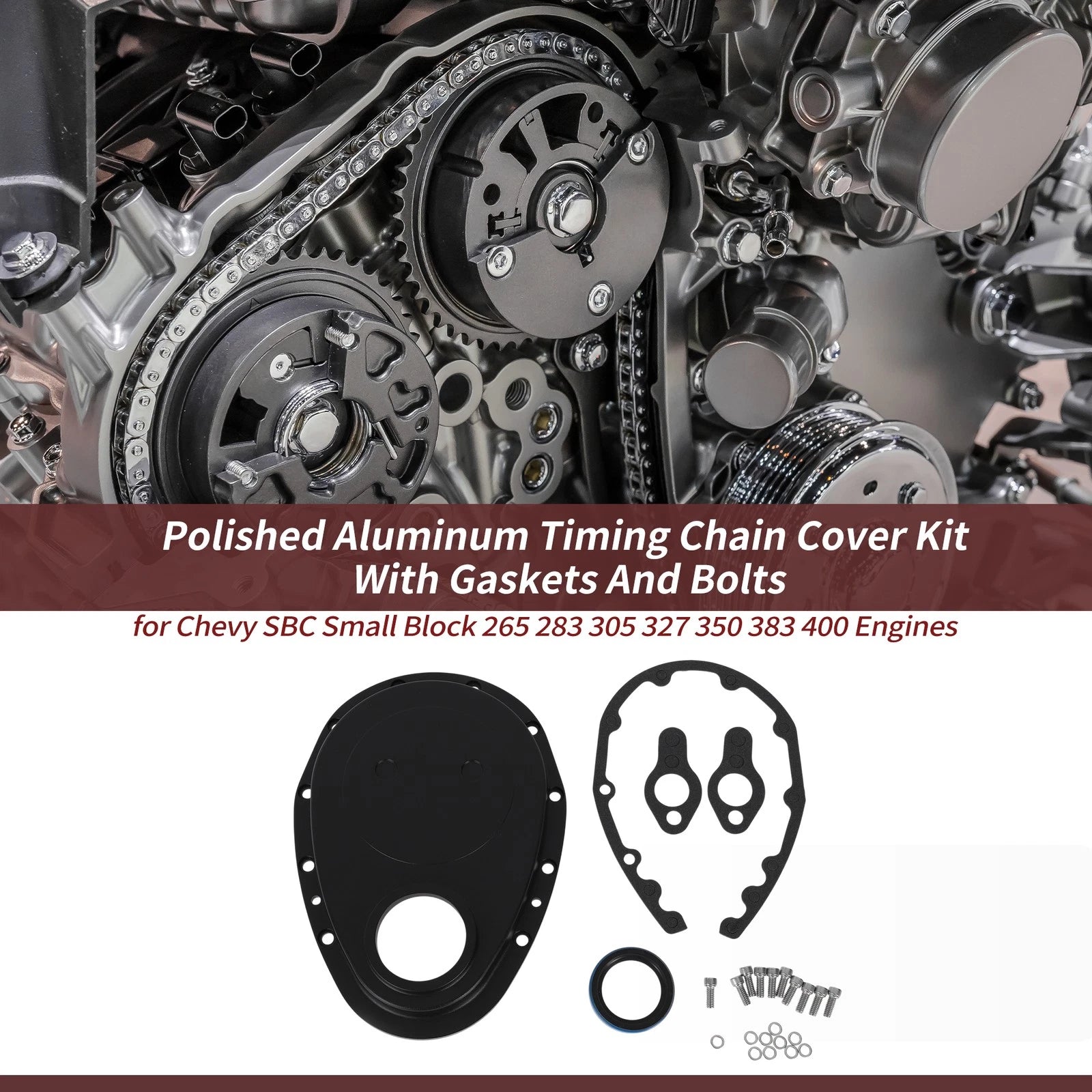 Polished Aluminum Timing Chain Cover Kit with Gaskets & Bolts for Chevy SBC (1960–2000)