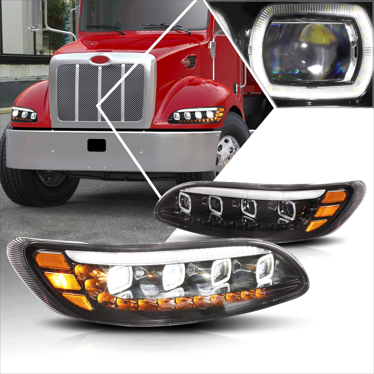 2X LED Halo Sequential Signal Projector Headlights for Peterbilt 337 348 (2010–2020)