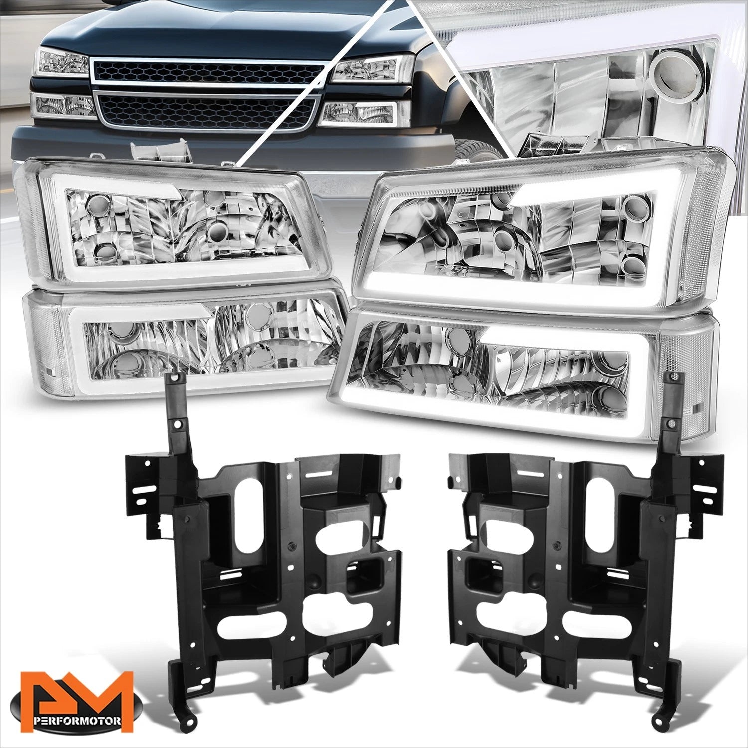 LED DRL Chrome/Clear Headlights with Bracket for Chevy Avalanche Silverado (2003–2007)