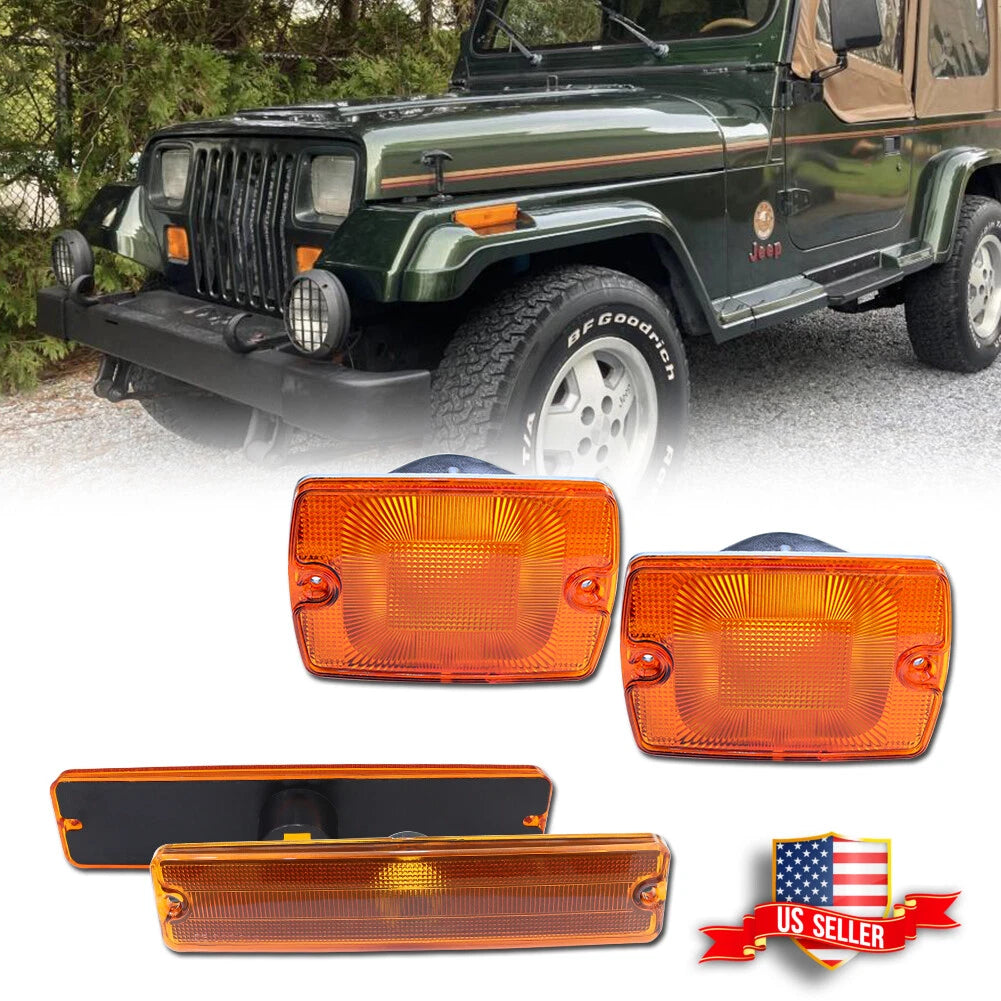Set of 4 Amber Bumper Signal & Fender Side Marker Lights for Jeep Wrangler YJ (1987–1995)