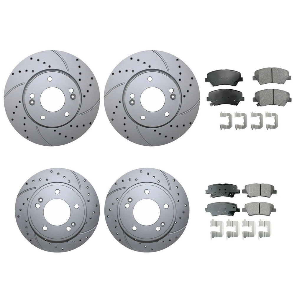 Front Rear Brake Kit Set of 4 Drilled Rotors Akebono Ceramic Pads for Hyundai Kia (FWD)