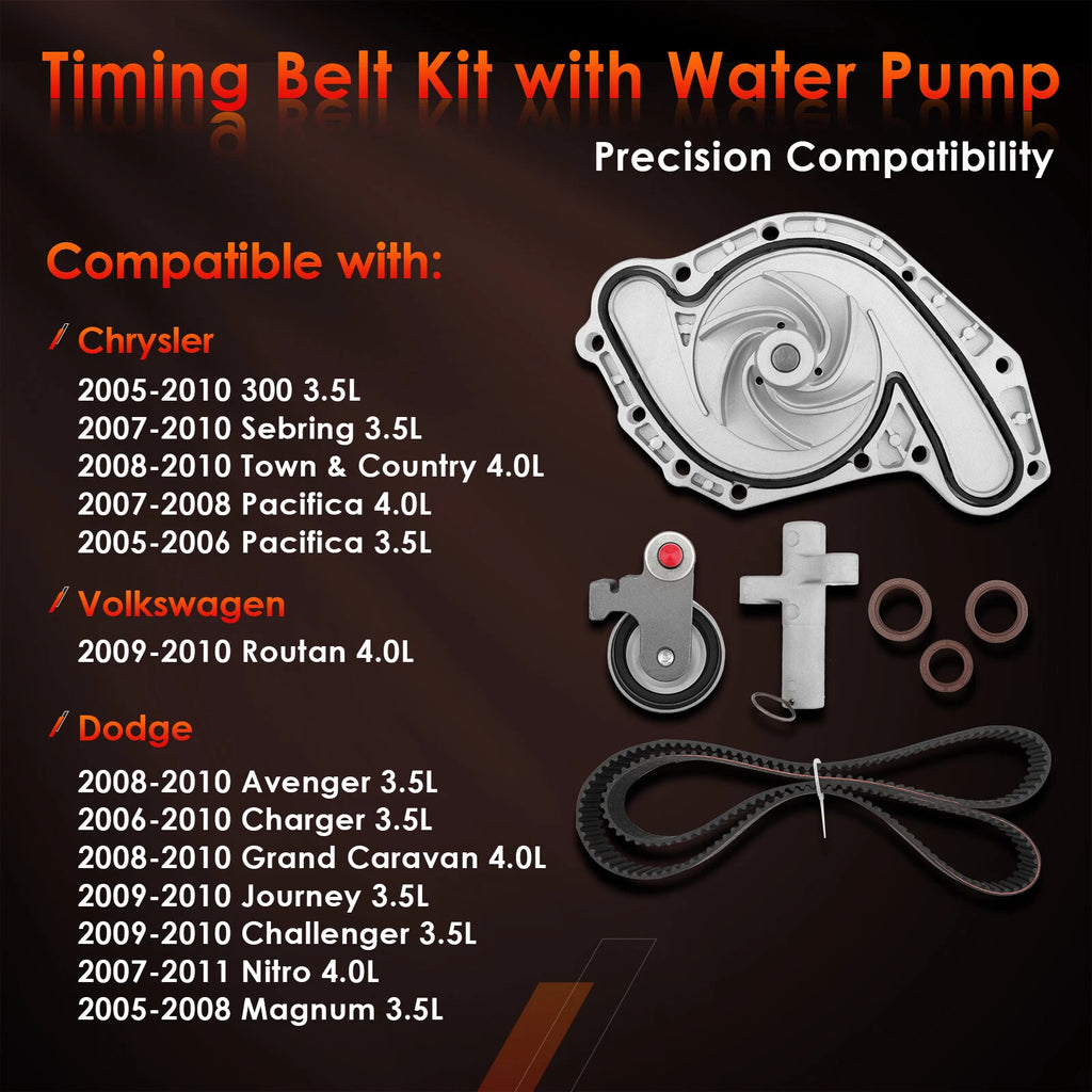 Timing Belt Kit with Water Pump for Chrysler Volkswagen 300 3.5 4.0L (2005–2011) TCKWP295D
