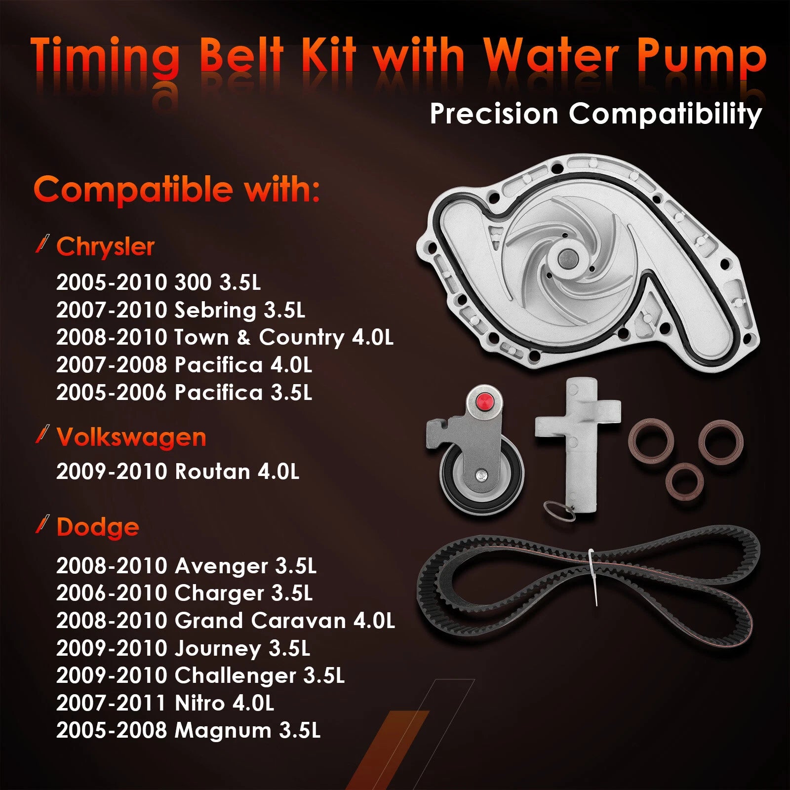 Timing Belt Kit with Water Pump for Chrysler Volkswagen 300 3.5 4.0L (2005–2011) TCKWP295D