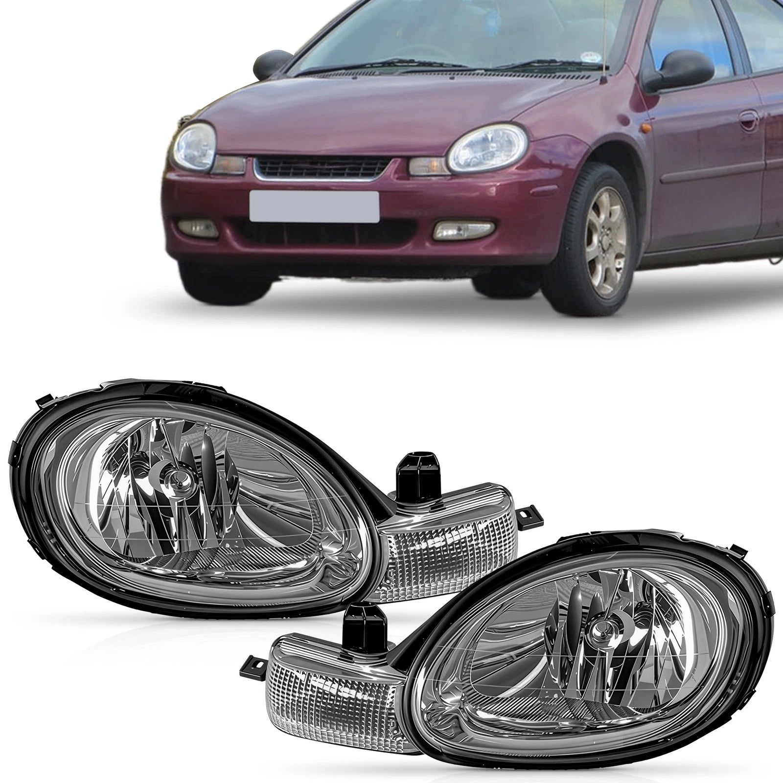Pair Headlights for Dodge Chrysler Neon (2000–2002) Chrome Interior