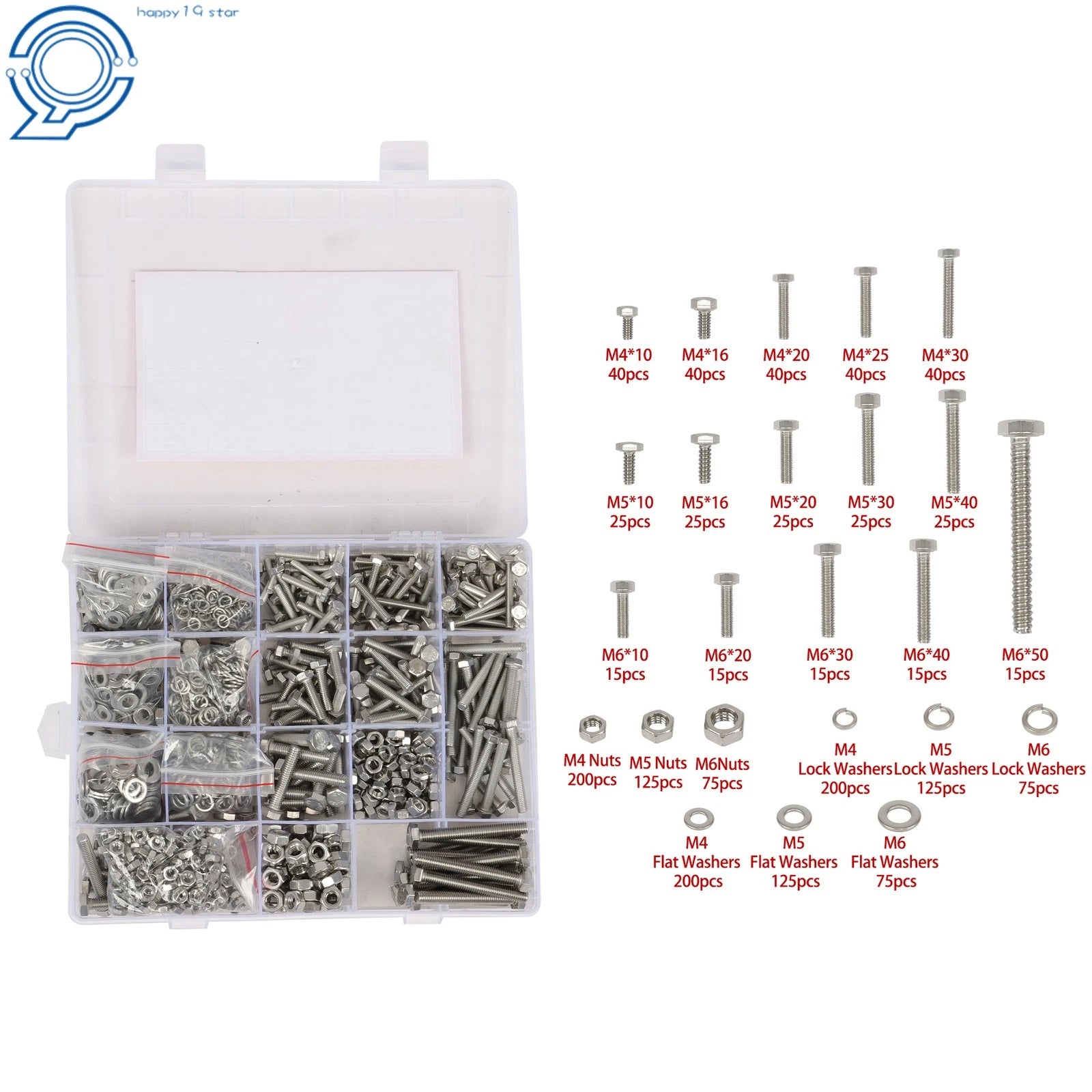 Set of 1600 Heavy Duty Bolts, Nuts & Washers Assortment Kit