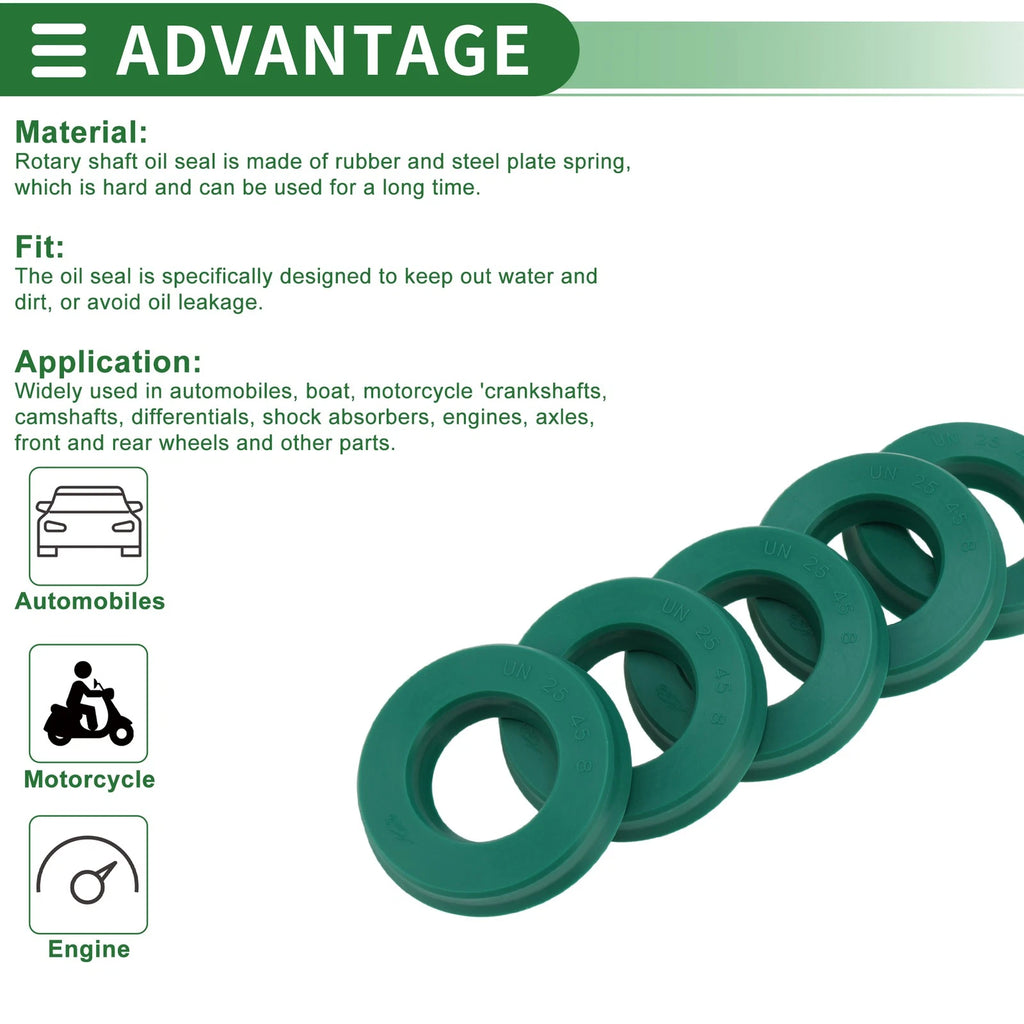Set of 5 Oil Seal Rotary Shaft Seal 25x45x8mm High Pressure Green for Automotive