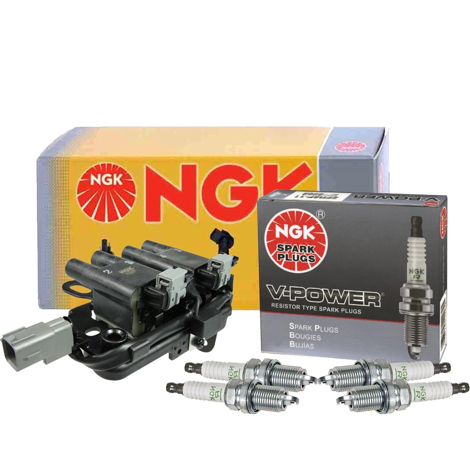 NGK DIS Ignition Coil & 4 VPower Spark Plugs for Elantra Soul Spectra (2011–2016)