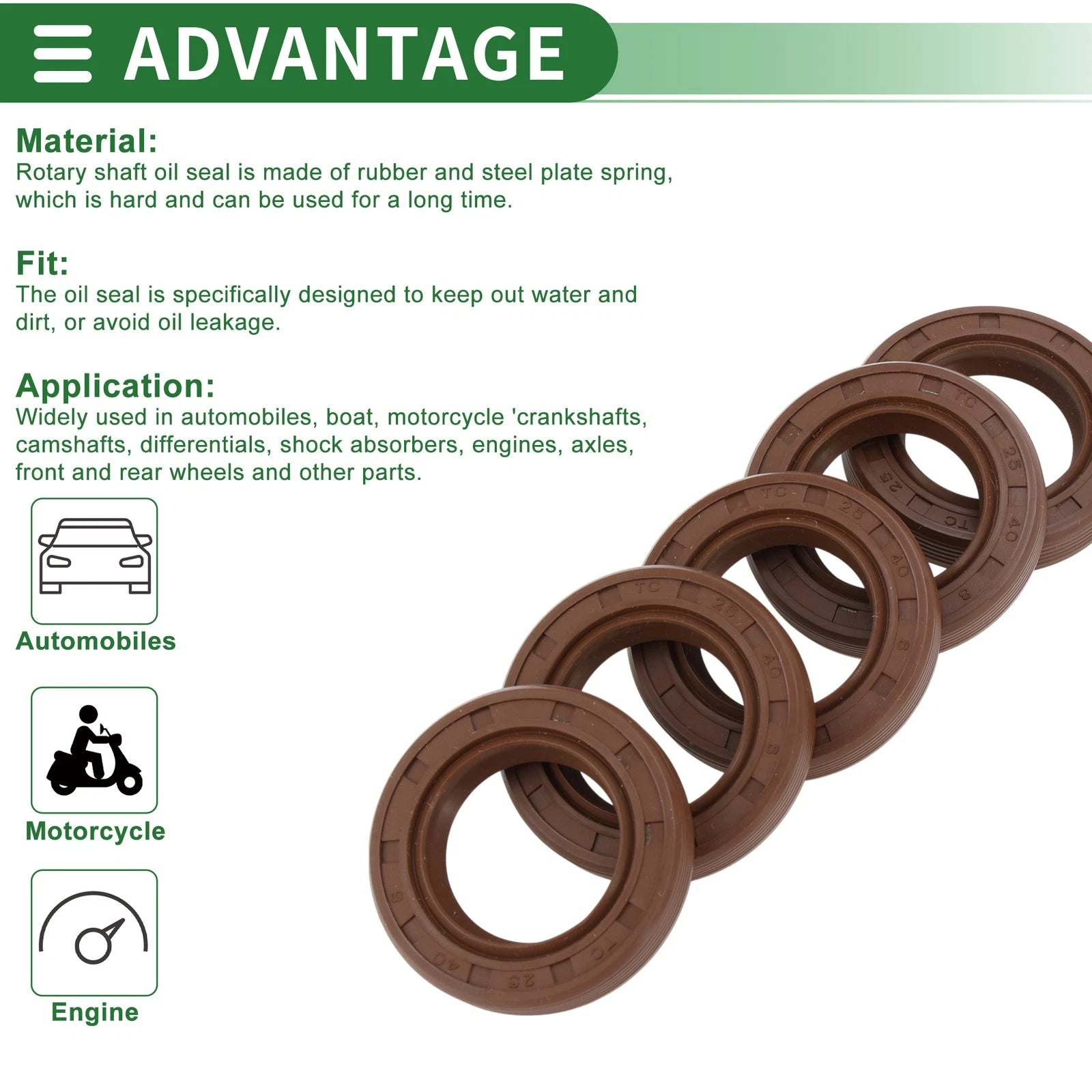 Set of 5 Oil Seals FKM Rubber 25x40x8mm for High Pressure