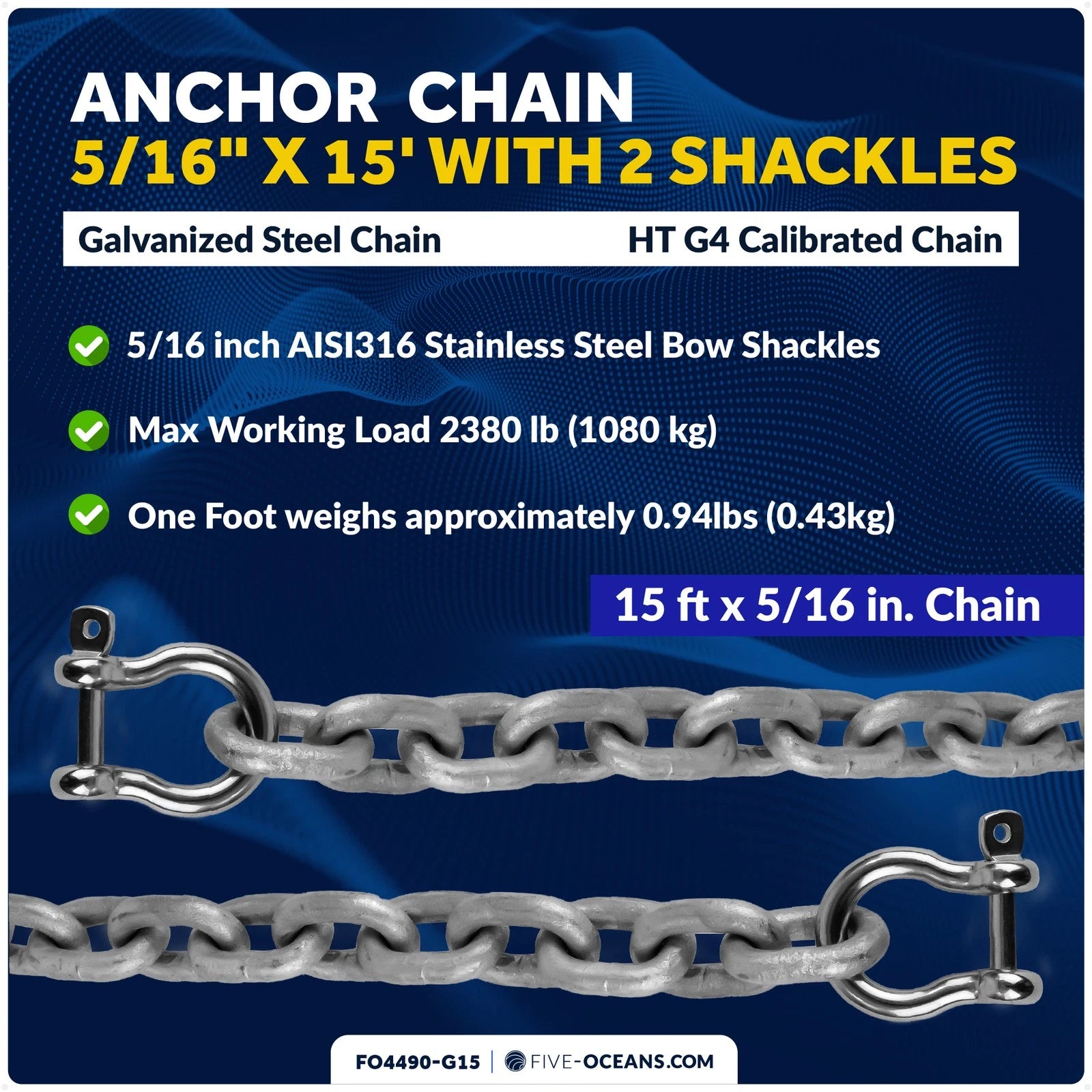5/16" x 15' Lead Chain with Shackles for Boat Anchor (HTG4)